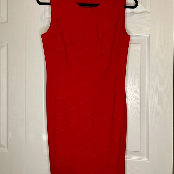 CALVIN KLEIN Red Asymmetric Ruffle Sleeveless Sheath Dress - Picture 2 of 16